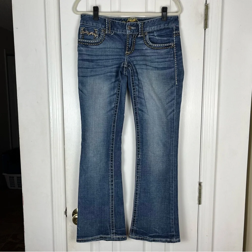 Maurices Y2K Low Rise Thick Stitch Bootcut Flare Flap Pocket Jeans